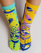 PALS SOCKS Brand Unisex TODDLER & KIDS CAT Mismatched Gripper Bottom Socks LUNAR & TICK (CHOOSE SIZE) - Novelty Socks And Slippers