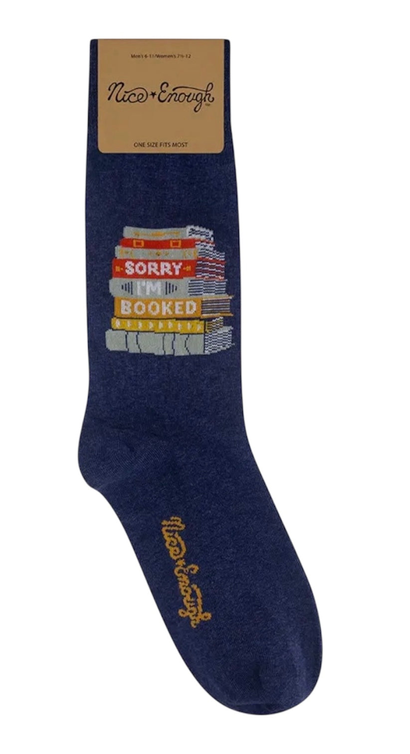 SORRY I’M BOOKED Adult Unisex STACK OF BOOKS Socks NICE ENOUGH MERCH BY FUNATIC Brand - Novelty Socks And Slippers