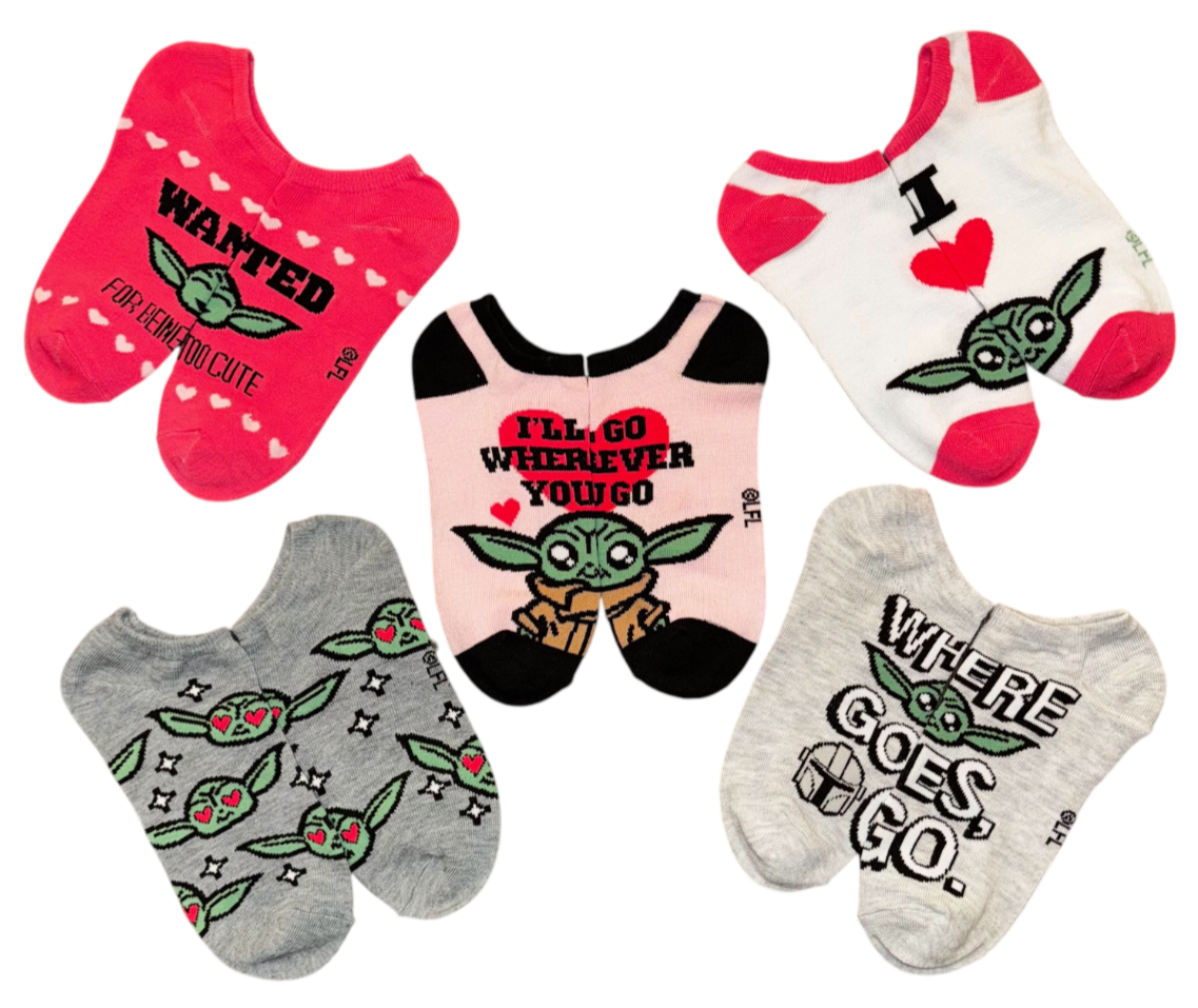 STAR WARS BABY YODA LADIES VALENTINES DAY 5 PAIR OF NO SHOW SOCKS ‘I'LL GO WHEREVER YOU GO' - Novelty Socks And Slippers