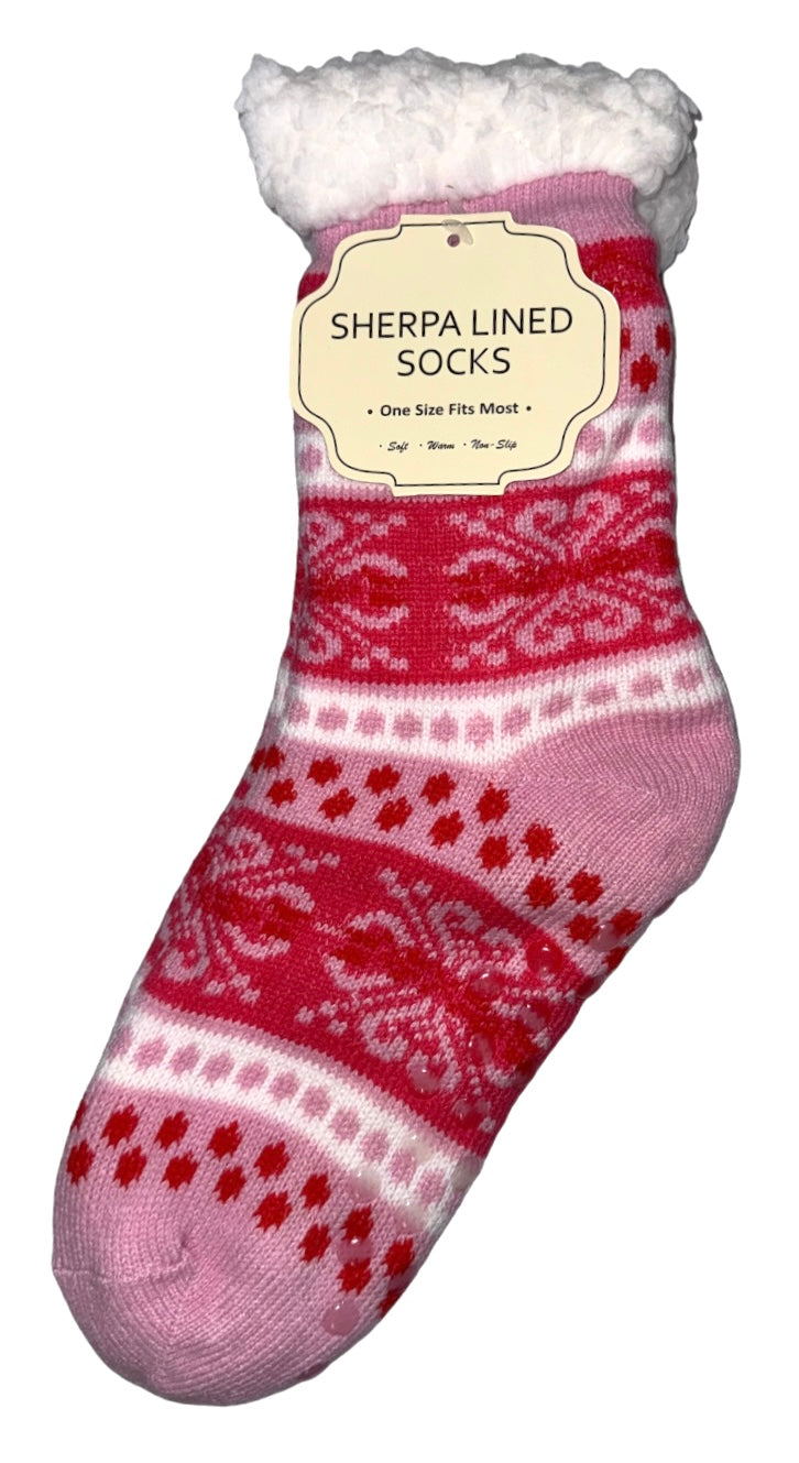 WINTER THEME Ladies Sherpa Lined Gripper Bottom Slipper Socks - Novelty Socks And Slippers