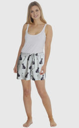 COMFIES Brand LOUNGE PJ SHORTS Ladies SILVER/GRAY TABBY CAT By E&S PETS - Novelty Socks And Slippers
