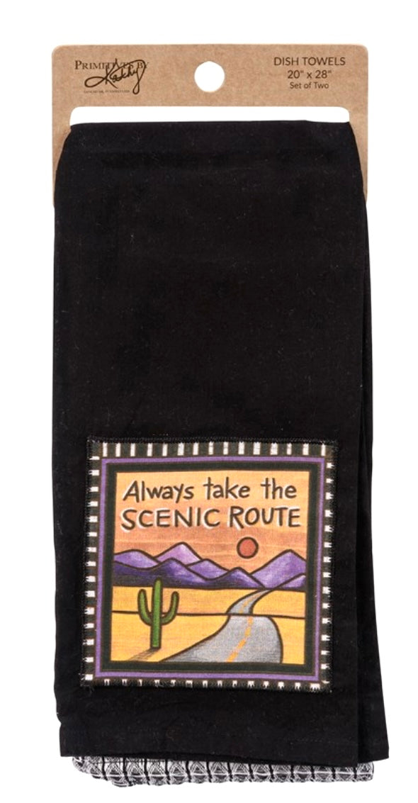 Primitives By Kathy ‘ALWAYS TAKE THE SCENIC ROUTE’ 2 Kitchen Tea Towels - Novelty Socks And Slippers