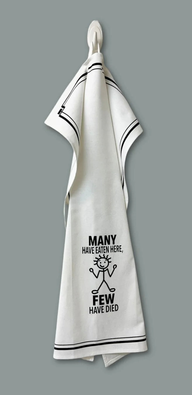 HEY NOW Brand By Fabdaz MANY HAVE EATEN HERE, FEW HAVE DIED Kitchen Tea Towel - Novelty Socks And Slippers
