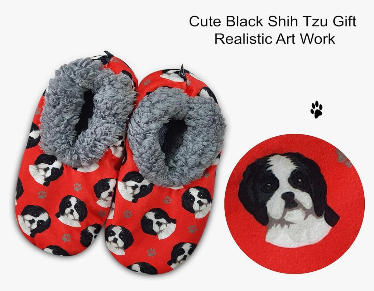 COMFIES BRAND LADIES SHIH TZU (BLACK & WHITE) NON-SKID SLIPPERS - Novelty Socks And Slippers