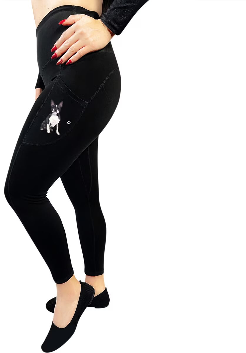 BOSTON TERRIER Dog Ladies High Rise Leggings With Pockets URBAN ATHLETICS Brand By E&S Pets