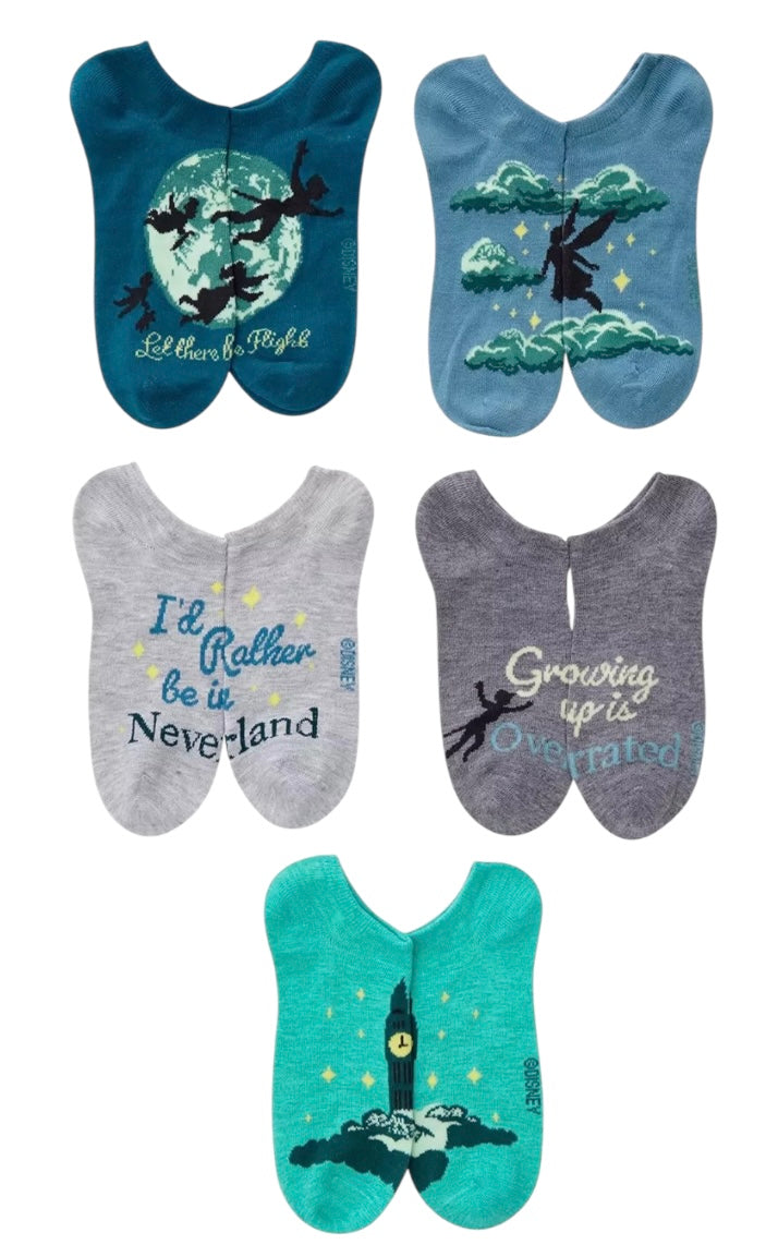 DISNEY PETER PAN & WENDY Ladies 5 Pair Of No Show Socks 'LET THERE BE FLIGHT' - Novelty Socks And Slippers