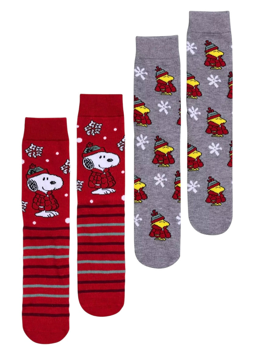 PEANUTS Men’s 2 Pair Of CHRISTMAS Socks SNOOPY & WOODSTOCK With Snowflakes - Novelty Socks And Slippers