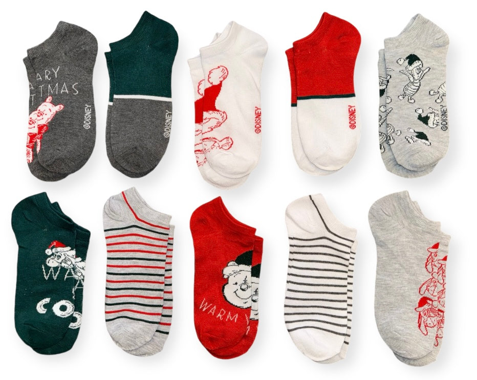 DISNEY WINNIE THE POOH LADIES CHRISTMAS 10 PAIR OF LOW SHOW SOCKS - Novelty Socks And Slippers