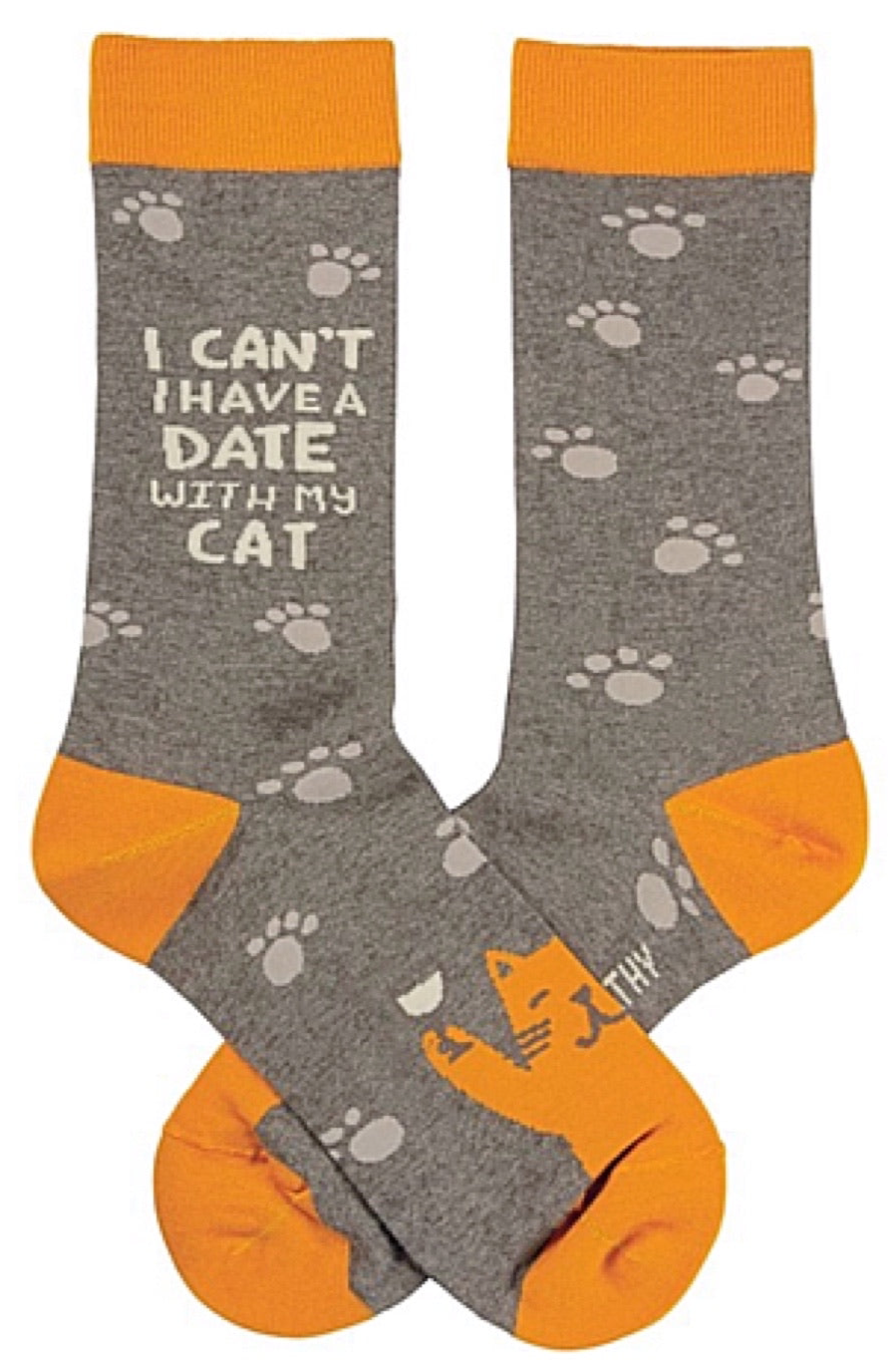 PRIMITIVES BY KATHY UNISEX CAT SOCKS ‘I CAN’T I HAVE A DATE WITH MY CAT’ - Novelty Socks And Slippers