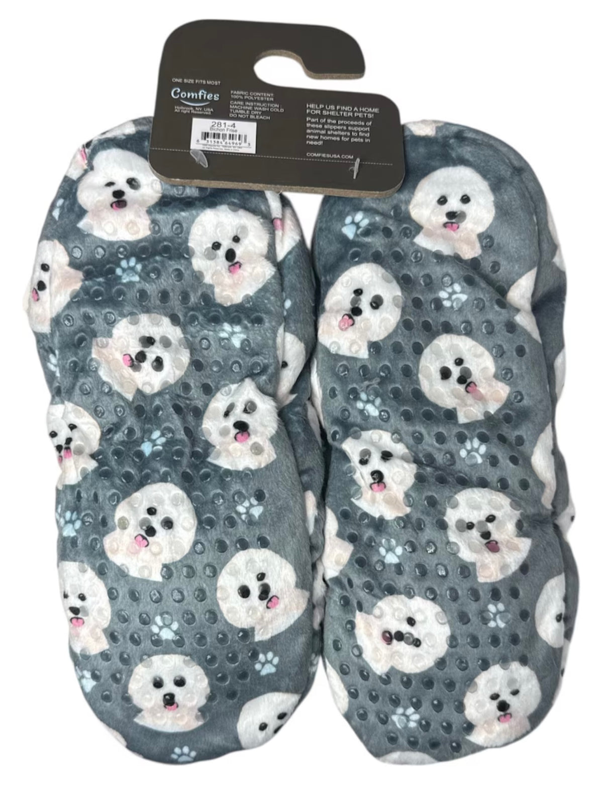 BICHON FRISE Dog Ladies Non-Skid Slippers Comfies Brand By E&S Pets - Novelty Socks And Slippers
