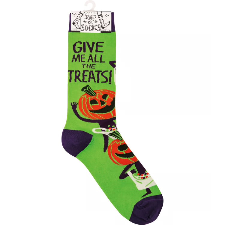 GIVE ME ALL THE TREATS Adult Unisex HALLOWEEN Socks Primitives By Kathy Brand - Novelty Socks And Slippers