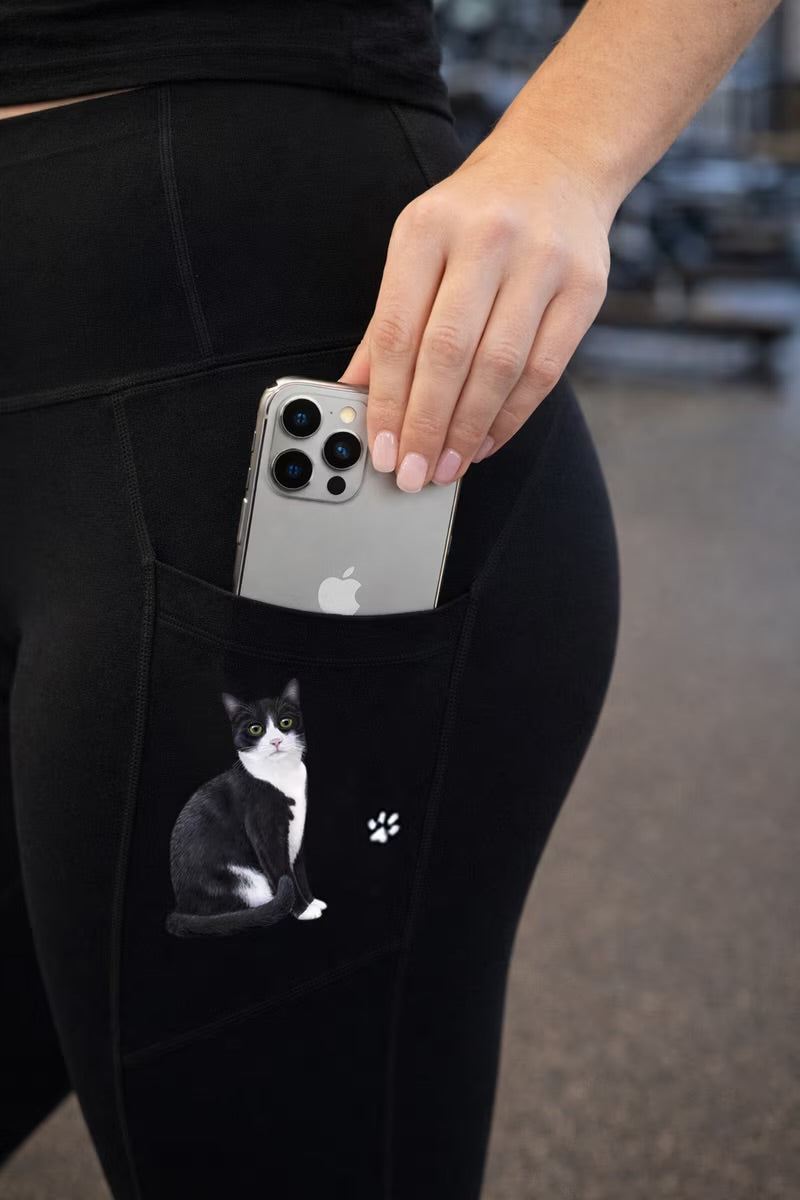 BLACK & WHITE TUXEDO CAT Ladies High Rise Leggings With Pockets URBAN ATHLETICS Brand By E&S Pets