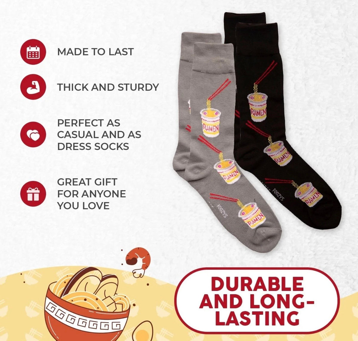 RAMEN NOODLE SOUP Men's 2 Pair Socks FOOZYS BRAND