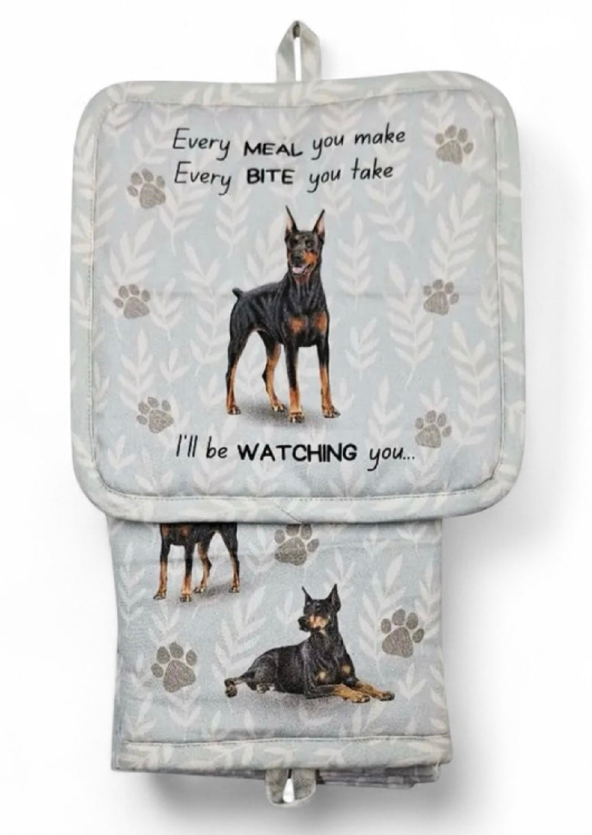 DOG & CAT 3 Piece Oven Mitt & Tea Towel Set By E&S Pets (CHOOSE BREED) - Novelty Socks And Slippers