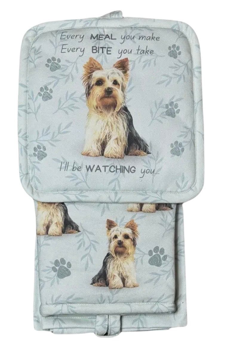 DOG & CAT 3 Piece Oven Mitt & Tea Towel Set By E&S Pets (CHOOSE BREED) - Novelty Socks And Slippers