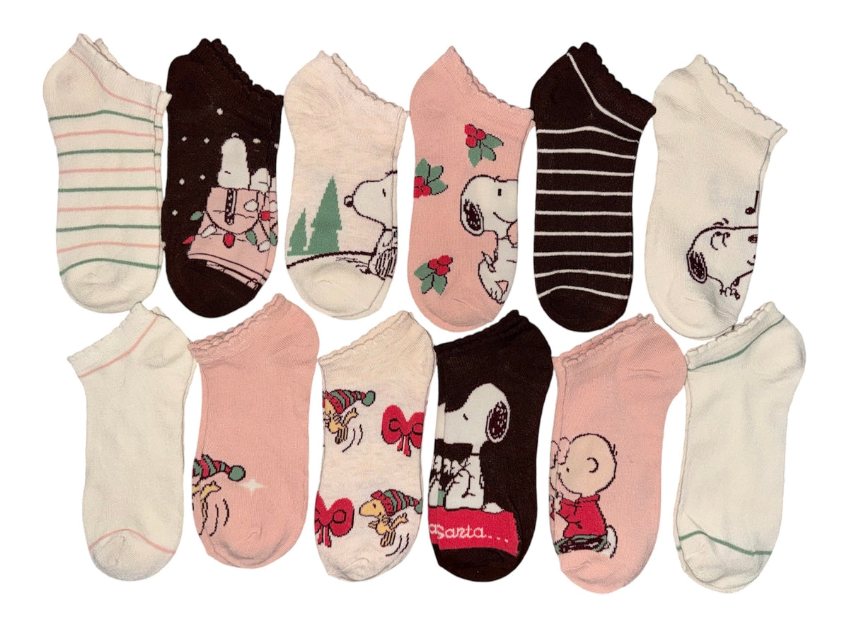 PEANUTS CHRISTMAS Ladies 12 Pair Of No Socks Charlie Brown & Christmas Tree