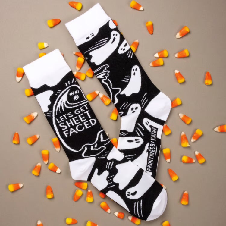 LET’S GET SHEET FACED Adult Unisex Halloween Socks Primitives By Kathy Brand - Novelty Socks And Slippers