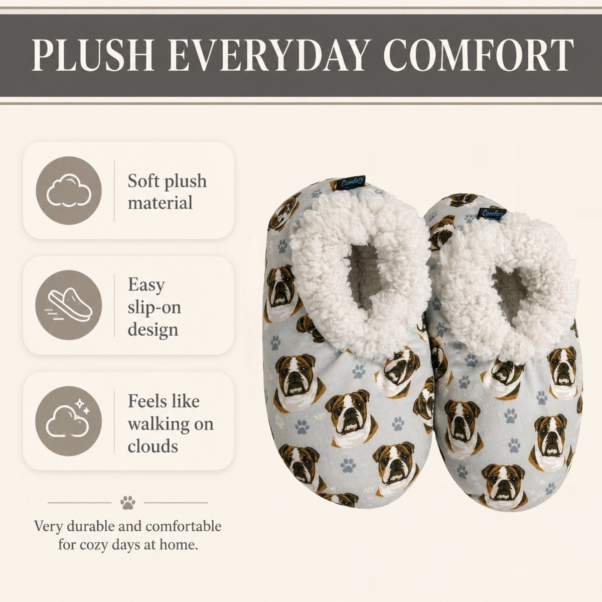 BULLDOG Ladies Non-Slip Slippers COMFIES BRAND By E&S Pets