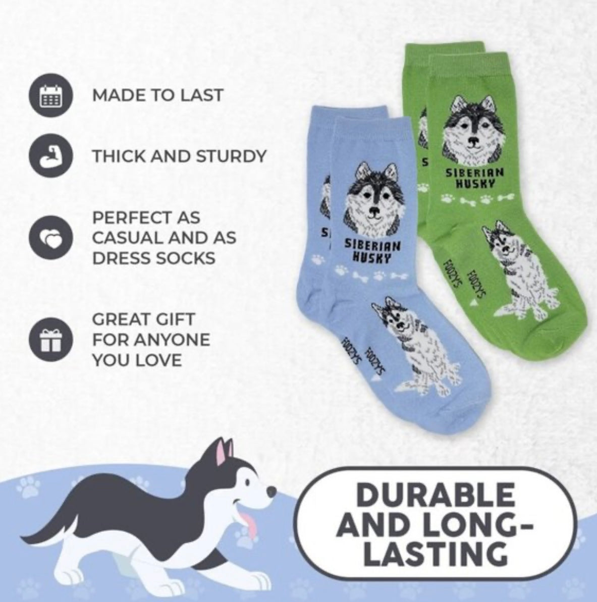 FOOZYS Brand Ladies 2 Pair Of SIBERIAN HUSKY Socks - Novelty Socks And Slippers