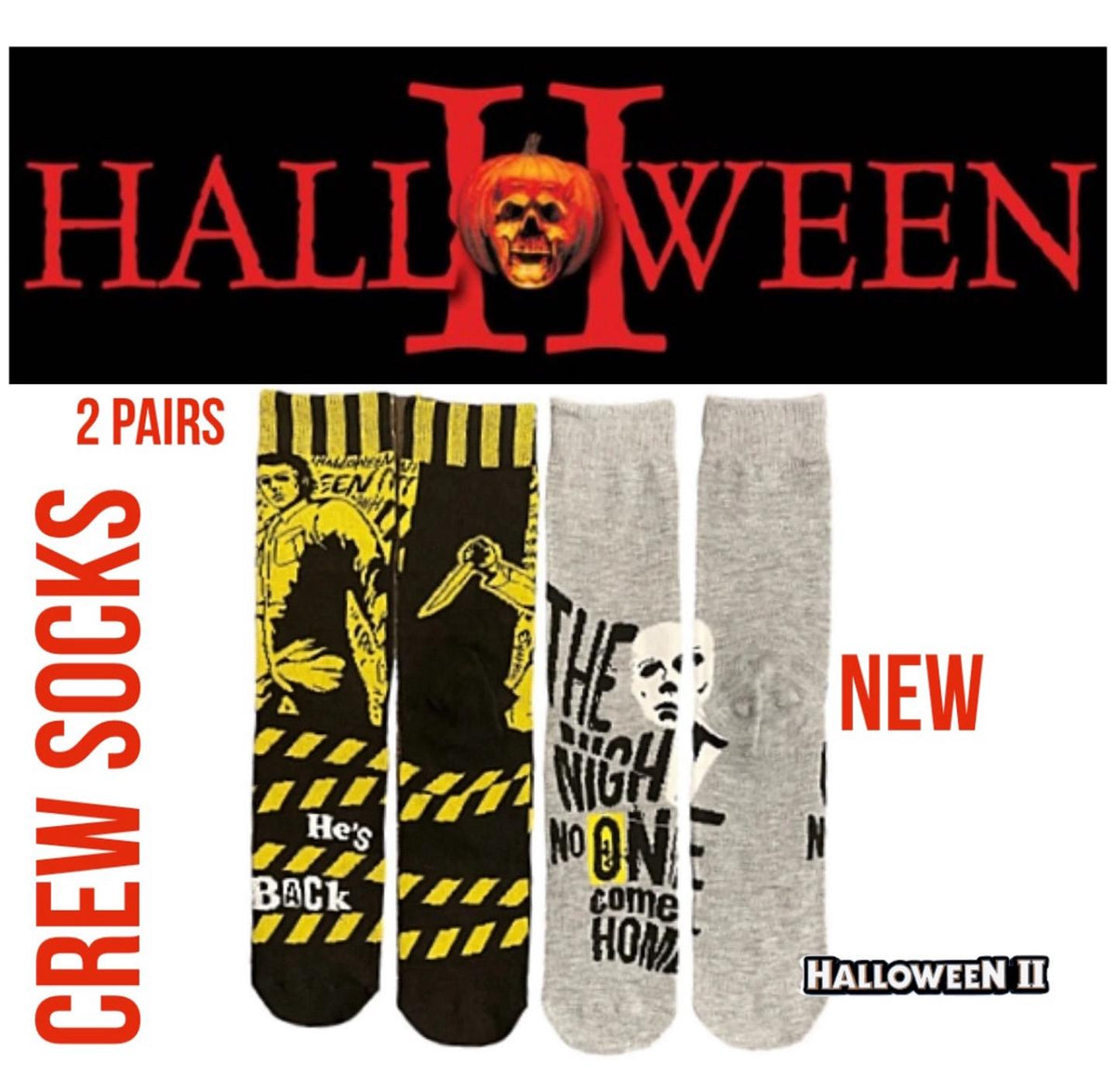 HALLOWEEN II Men’s 2 Pair Of MICHAEL MYERS Socks ‘THE NIGHT NO ONE COMES HOME’
