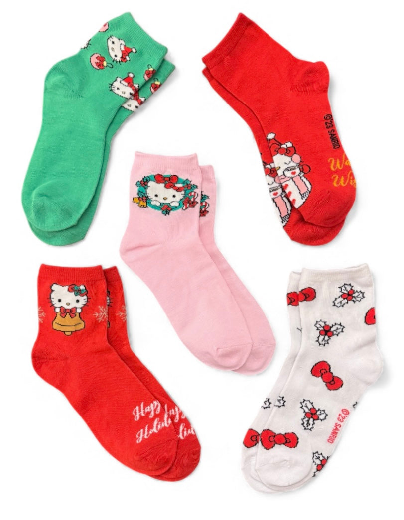 SANRIO HELLO KITTY Ladies CHRISTMAS 5 Pair Of Socks 'HAPPY HOLIDAYS' - Novelty Socks And Slippers