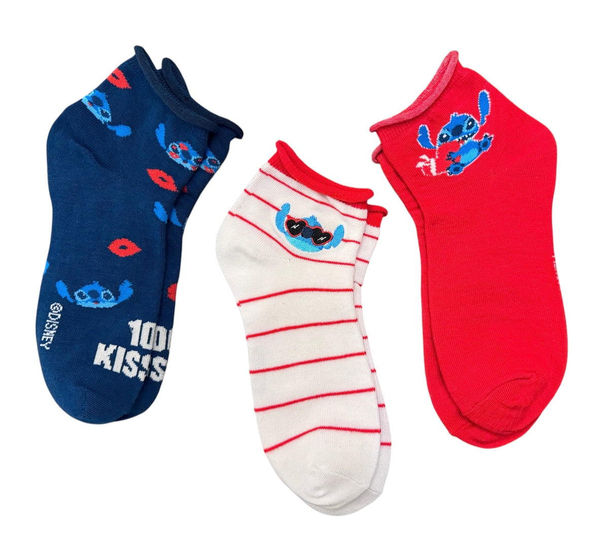DISNEY LILO & STITCH LADIES VALENTINES DAY 3 PAIR OF SOCKS ‘100% KISSABLE’ - Novelty Socks And Slippers