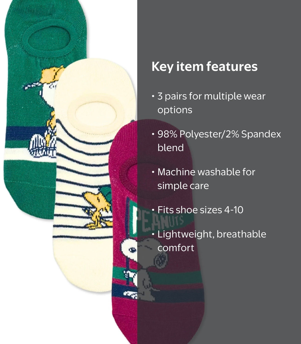 PEANUTS Ladies 3 Pair Of No Show Liner Socks Charlie Brown, Snoopy