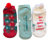 Dr. Seuss How The Grinch Stole Christmas Ladies 3 Pair Of Ankle Pom Socks 'FEELIN' GRINCHY' - Novelty Socks And Slippers
