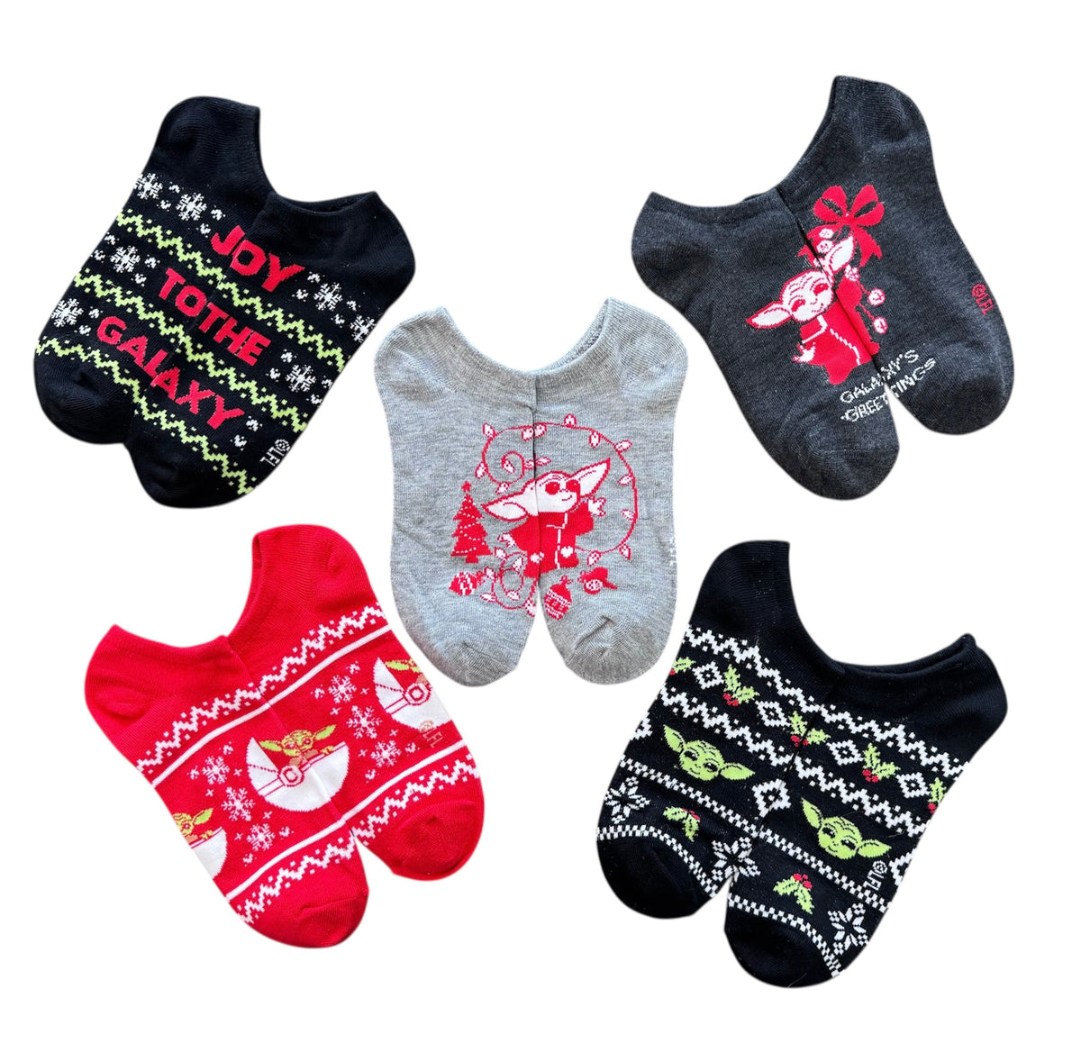 STAR WARS Ladies BABY YODA CHRISTMAS 5 Pair Of No Show Socks 'JOY TO THE GALAXY' - Novelty Socks And Slippers