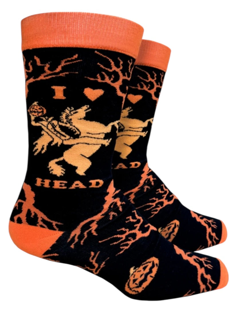 GROOVY THINGS Co. Brand Men’s HEADLESS HORSEMAN Halloween Socks ‘I Love Head’ - Novelty Socks And Slippers