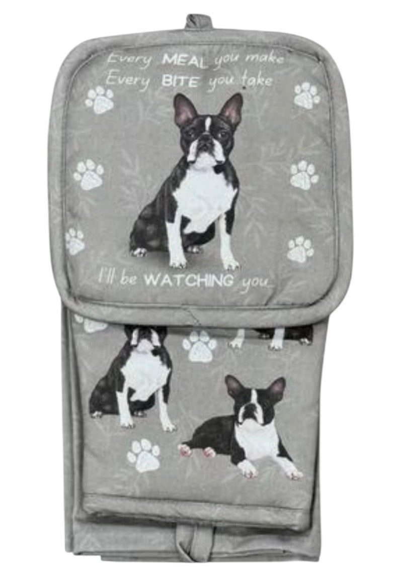 DOG & CAT 3 Piece Oven Mitt & Tea Towel Set By E&S Pets (CHOOSE BREED) - Novelty Socks And Slippers