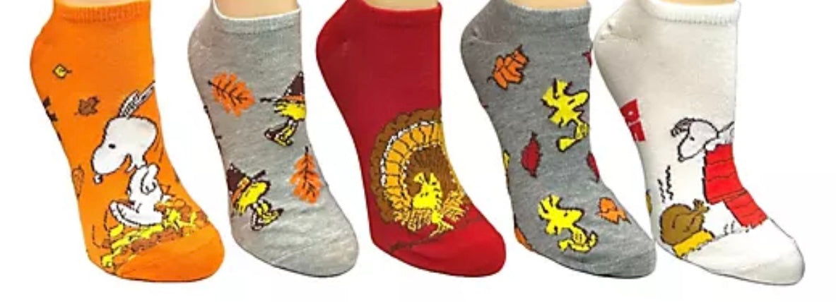 PEANUTS Ladies THANKSGIVING 5 Pair Of No Show Socks ‘BE THANKFUL’ SNOOPY & WOODSTOCK - Novelty Socks And Slippers