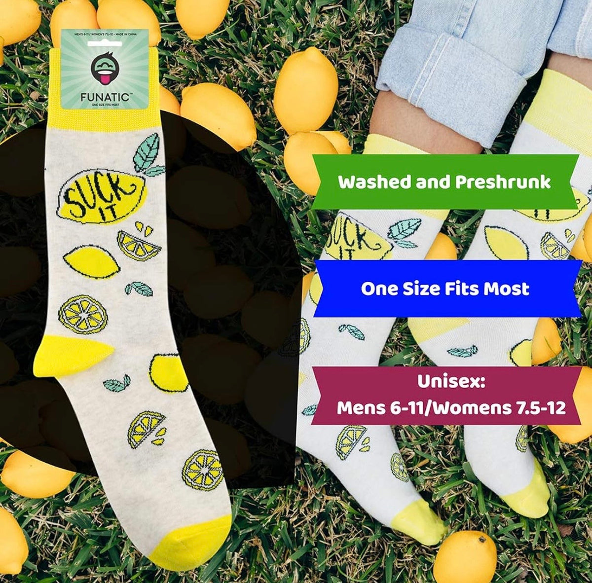SUCK IT Adult Unisex LEMON Socks FUNATIC Brand Lemons All Over - Novelty Socks And Slippers