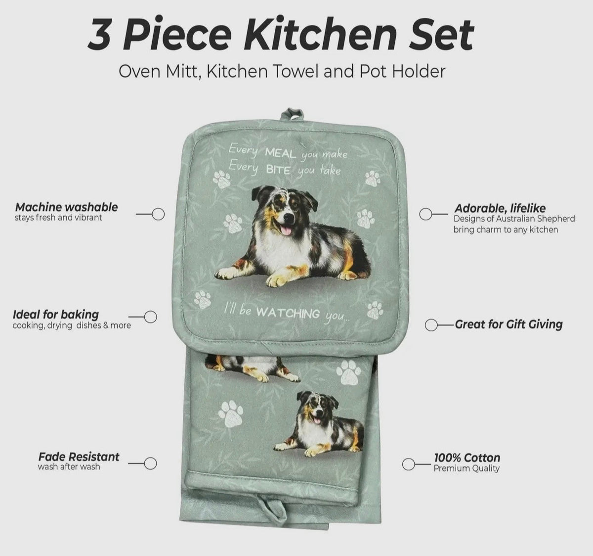 DOG & CAT 3 Piece Oven Mitt & Tea Towel Set By E&S Pets (CHOOSE BREED) - Novelty Socks And Slippers