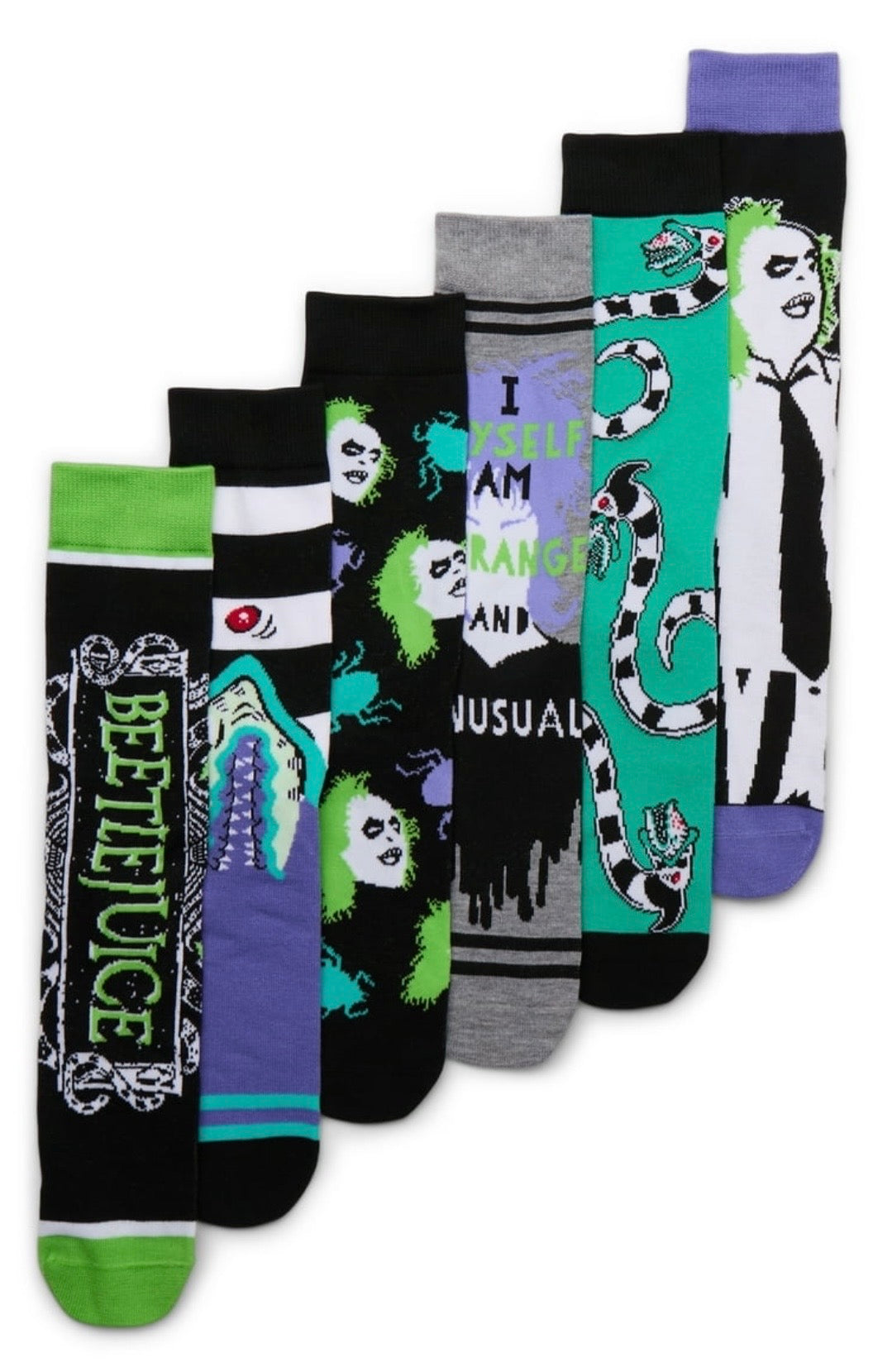 BEETLEJUICE Movie Men’s 6 Pair Of Socks BIOWORLD Brand ‘I Myself Am Strange & Unusual’