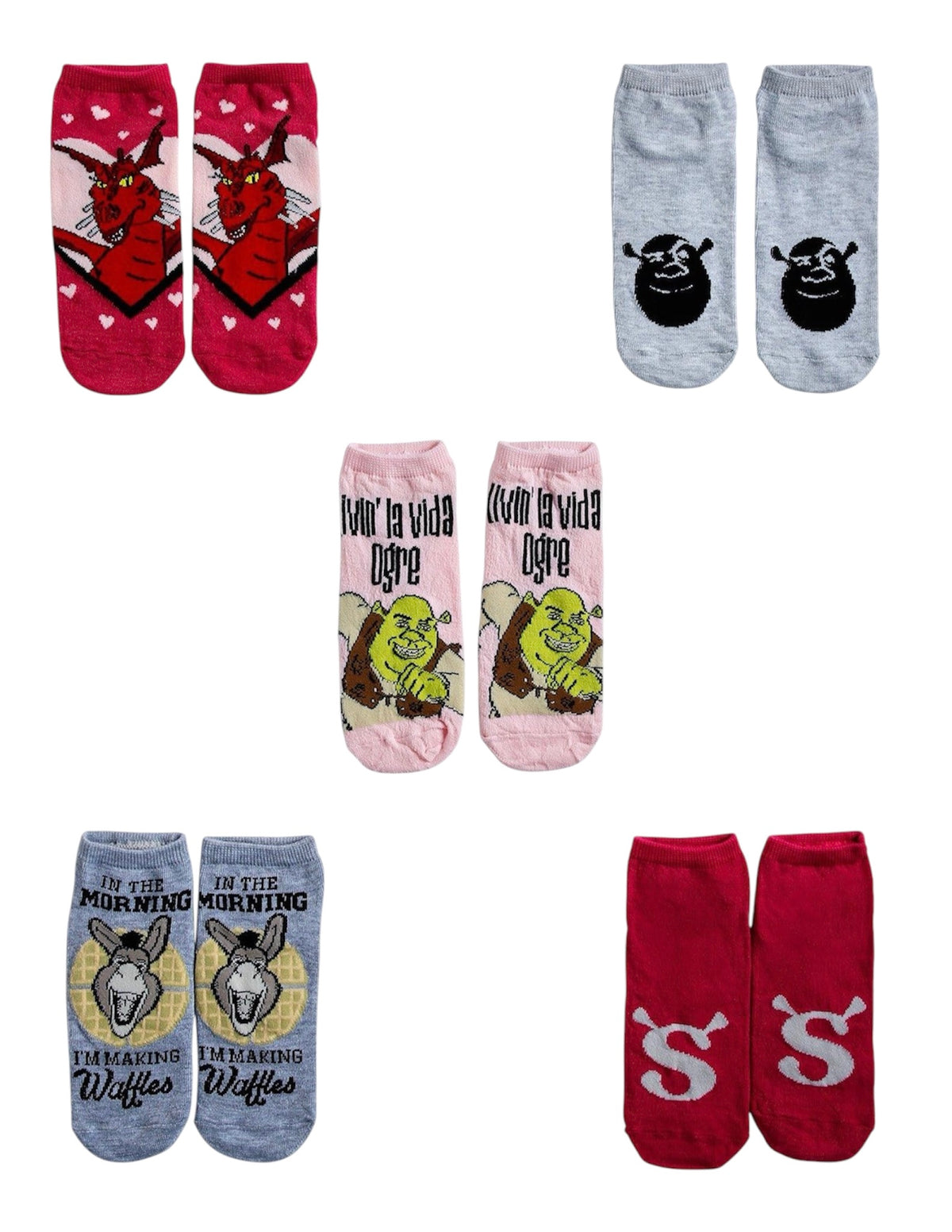 SHREK THE MOVIE Ladies 5 Pair Of No Show Socks ‘IN THE MORNING I’M MAKING WAFFLES’