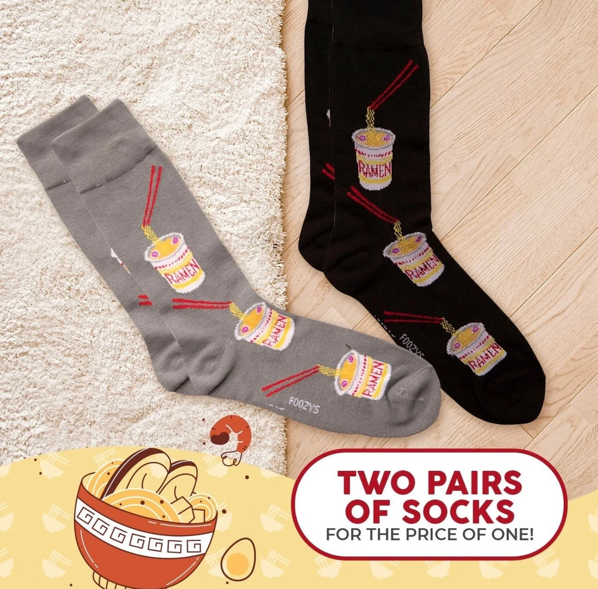 RAMEN NOODLE SOUP Men's 2 Pair Socks FOOZYS BRAND