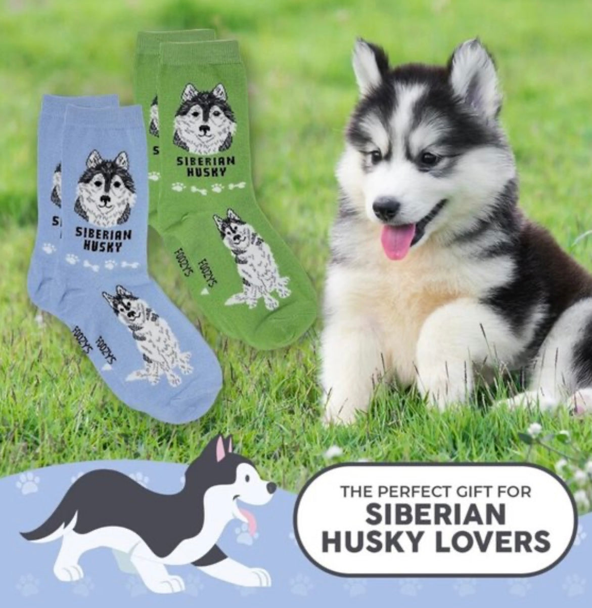 FOOZYS Brand Ladies 2 Pair Of SIBERIAN HUSKY Socks - Novelty Socks And Slippers