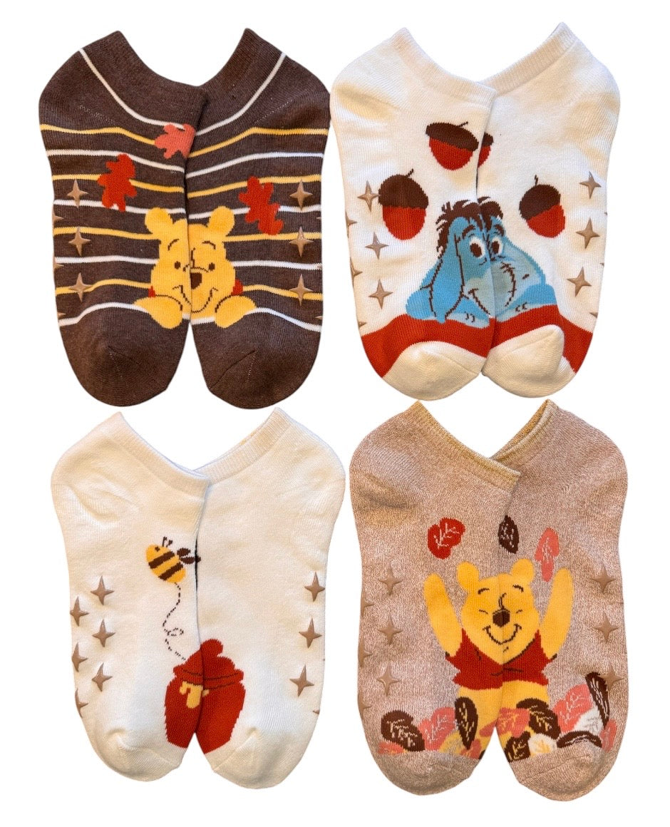 Disney Winnie The Pooh Ladies 4 Pair Of Holiday Thick No Show Gripper Bottom Slipper Socks (Choose Holiday)