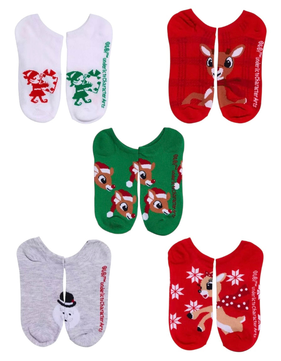 RUDOLPH THE RED NOSED REINDEER Ladies 5 Pair Of No Show Socks CLARICE & SAM THE SNOWMAN - Novelty Socks And Slippers