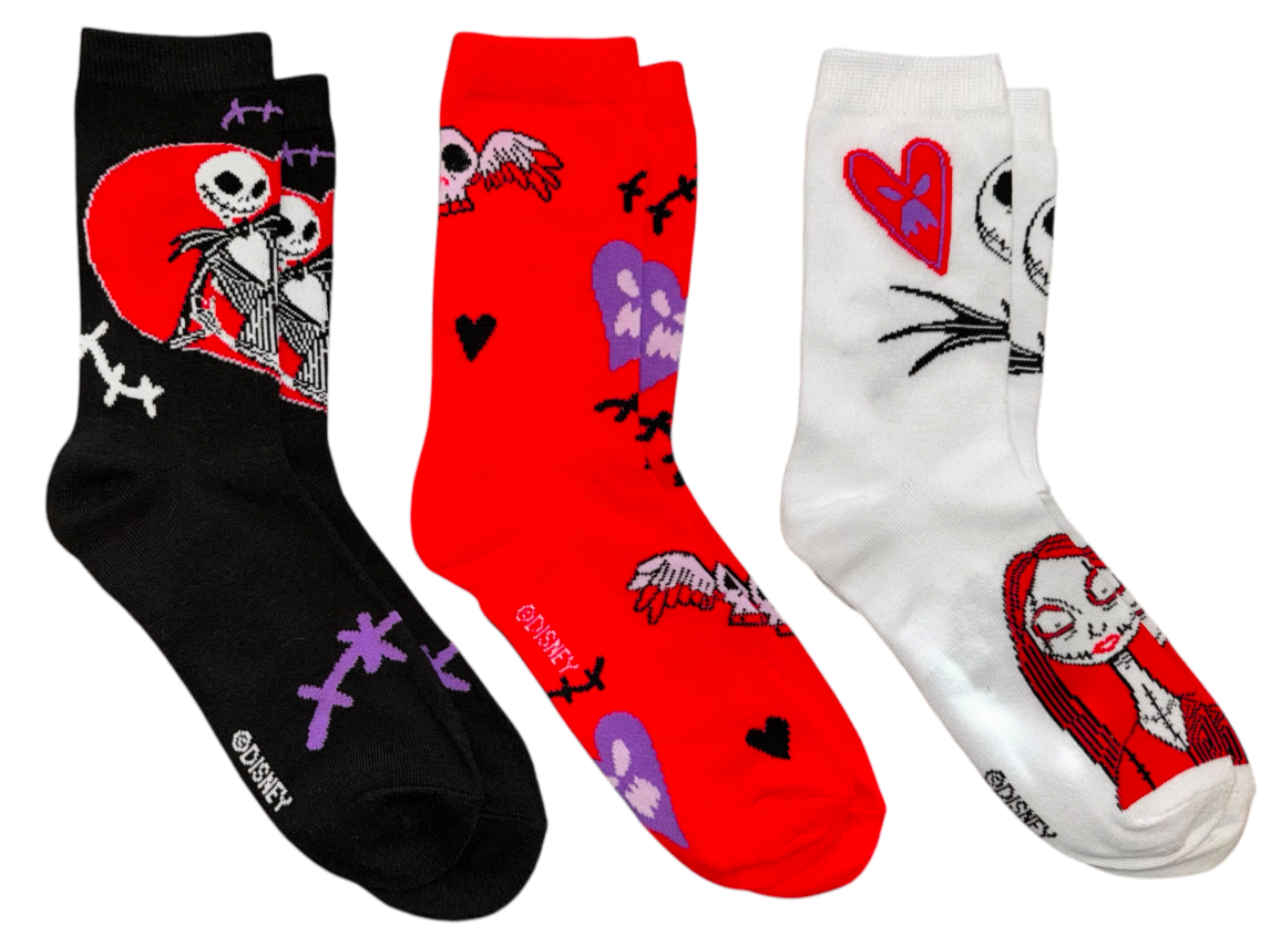 DISNEY THE NIGHTMARE BEFORE CHRISTMAS LADIES VALENTINES DAY 3 PAIR OF SOCKS ‘LOVE YOU TO DEATH’ - Novelty Socks And Slippers