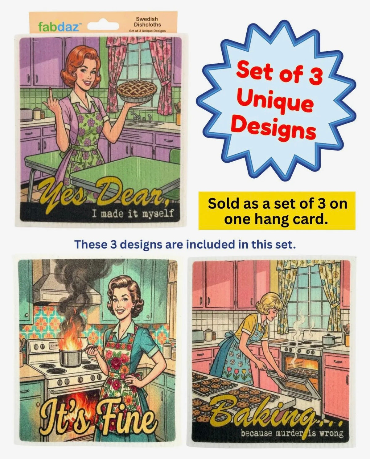 CRAZY RETRO WIFE Set Of 3 Sassy Swedish Dishcloths ‘Yes Dear, I Made It Myself’ With Middle Finger