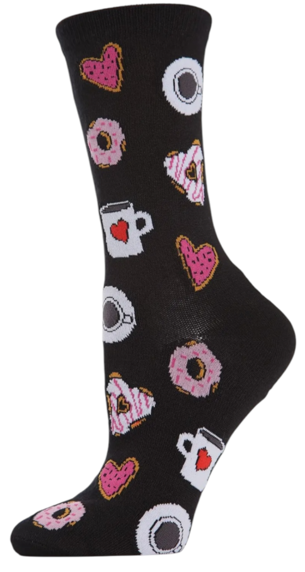 MeMoi Brand Ladies VALENTINES DAY Socks Coffee & Heart Shaped Donuts - Novelty Socks And Slippers