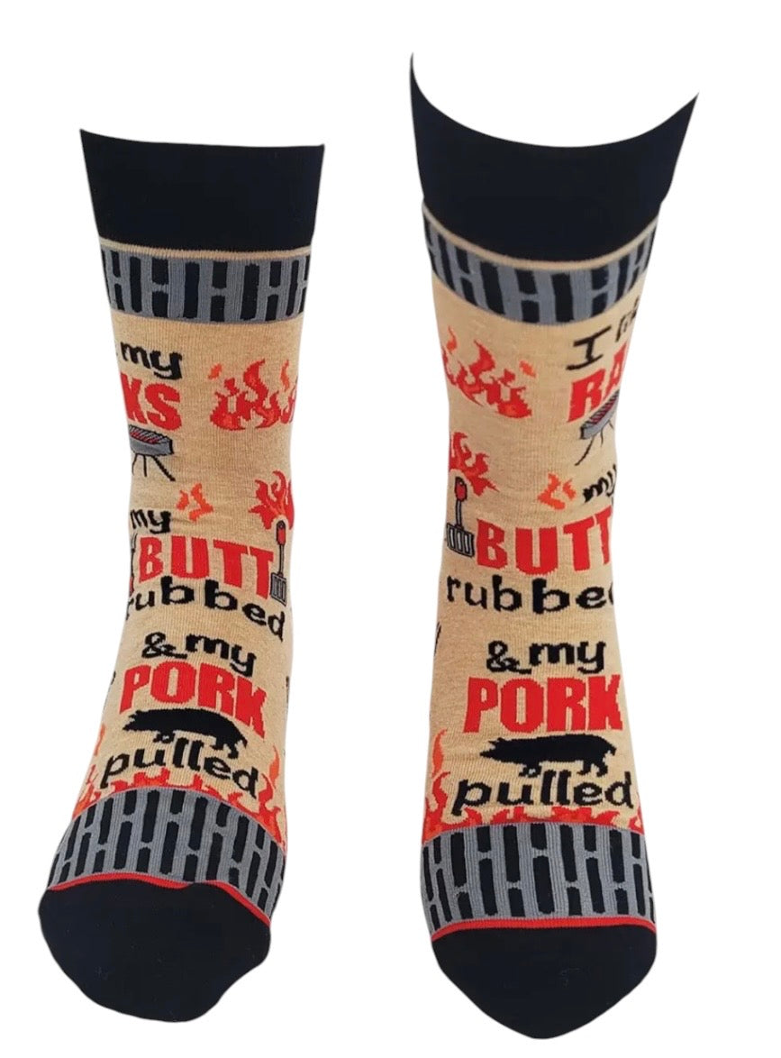 I LIKE MY RACKS BIG Men’s BBQ Socks ‘My Butt Rubbed & My Pork Pulled’ Fabdaz Brand