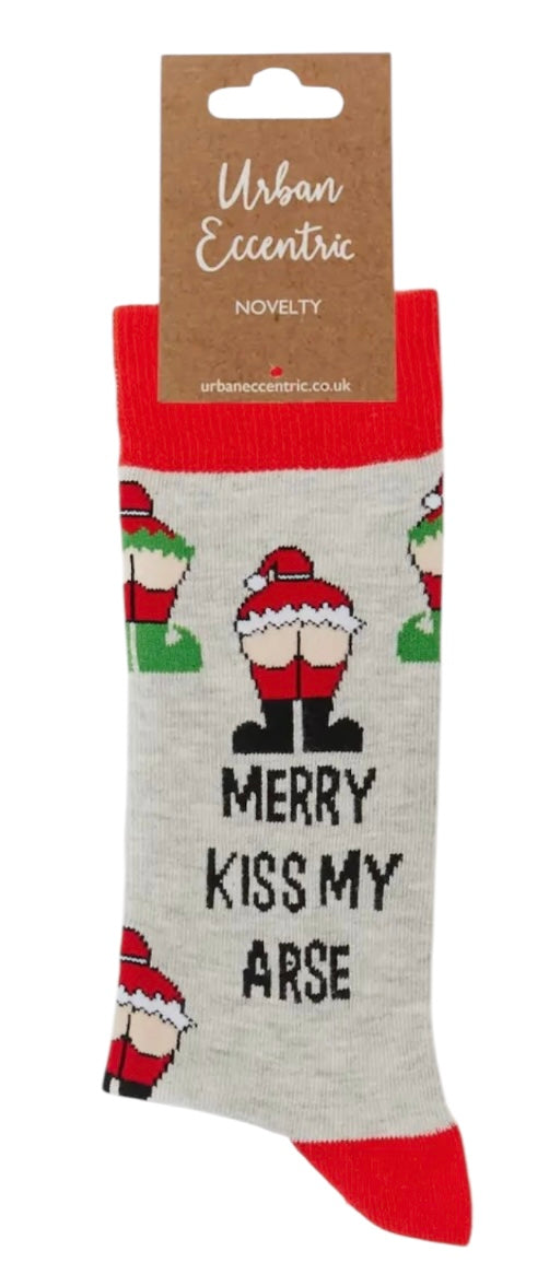 URBAN ECCENTRIC Brand Unisex SANTA MOONING Christmas Socks ‘MERRY KISS MY ARSE’ - Novelty Socks And Slippers