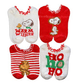 PEANUTS Ladies CHRISTMAS 4 Pair Of Low Show Fuzzy Warm Socks Snoopy & Woodstock