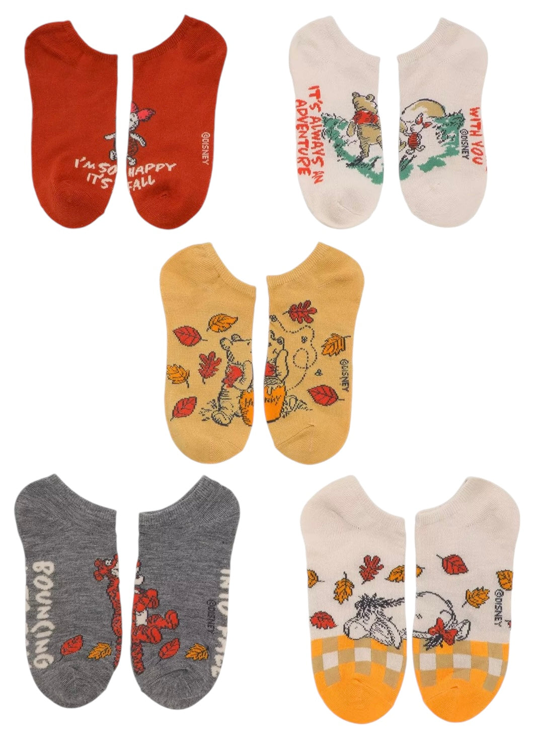 DISNEY WINNIE THE POOH Ladies AUTUMN 5 Pair Of No Show Socks ‘IT’S ALWAYS AN ADVENTURE WITH YOU’ - Novelty Socks And Slippers