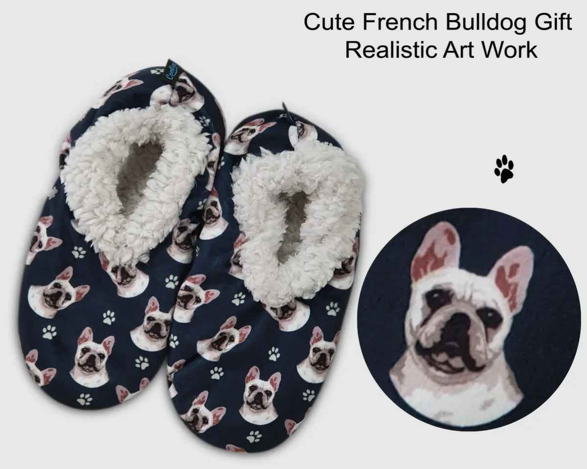 FRENCH BULLDOG Ladies Non-Skid SLIPPERS Comfies Brand - Novelty Socks And Slippers