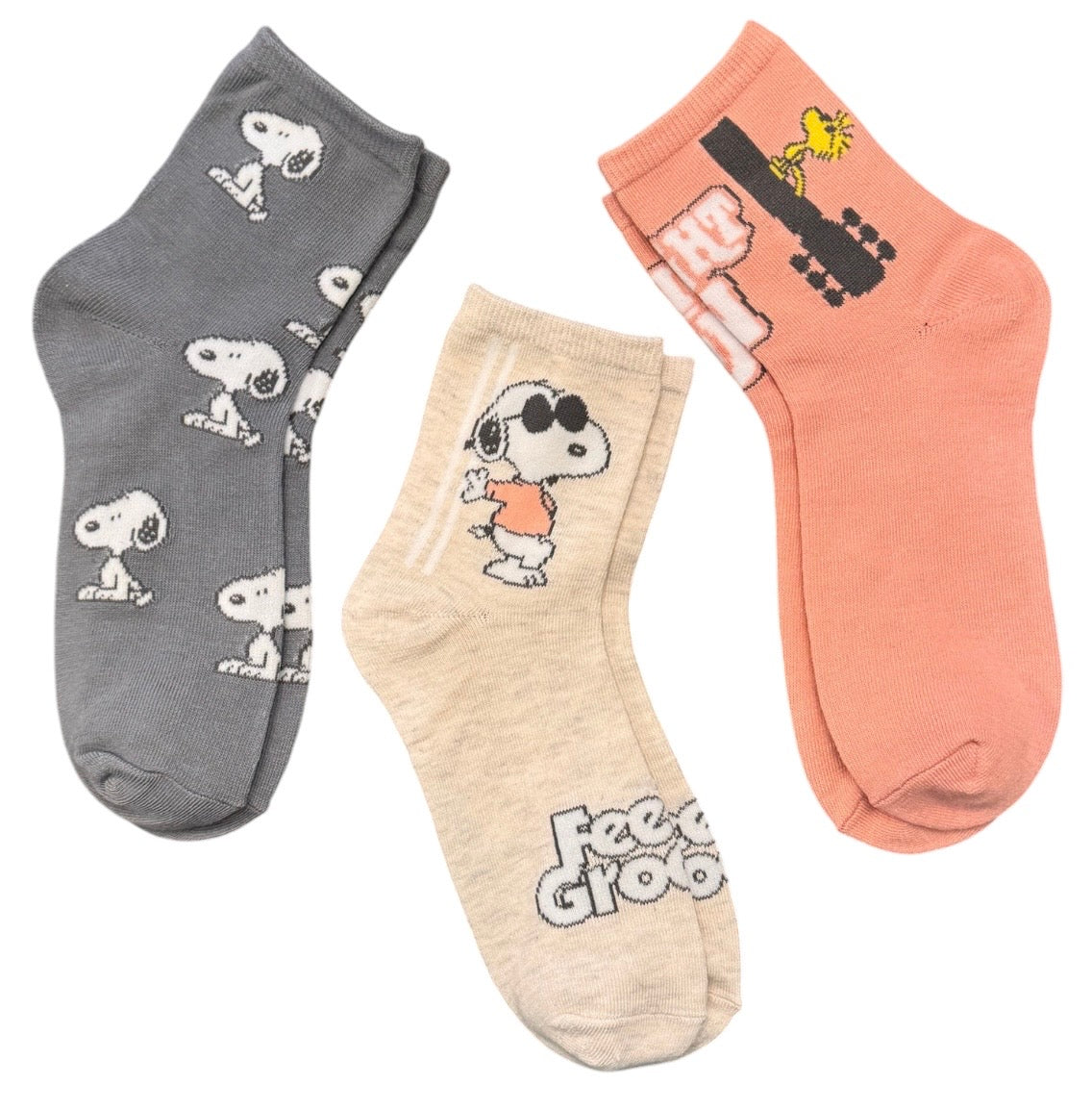 PEANUTS Ladies 3 Pair Of SNOOPY Crew Socks Joe Cool ‘Feelin’ Groovy’