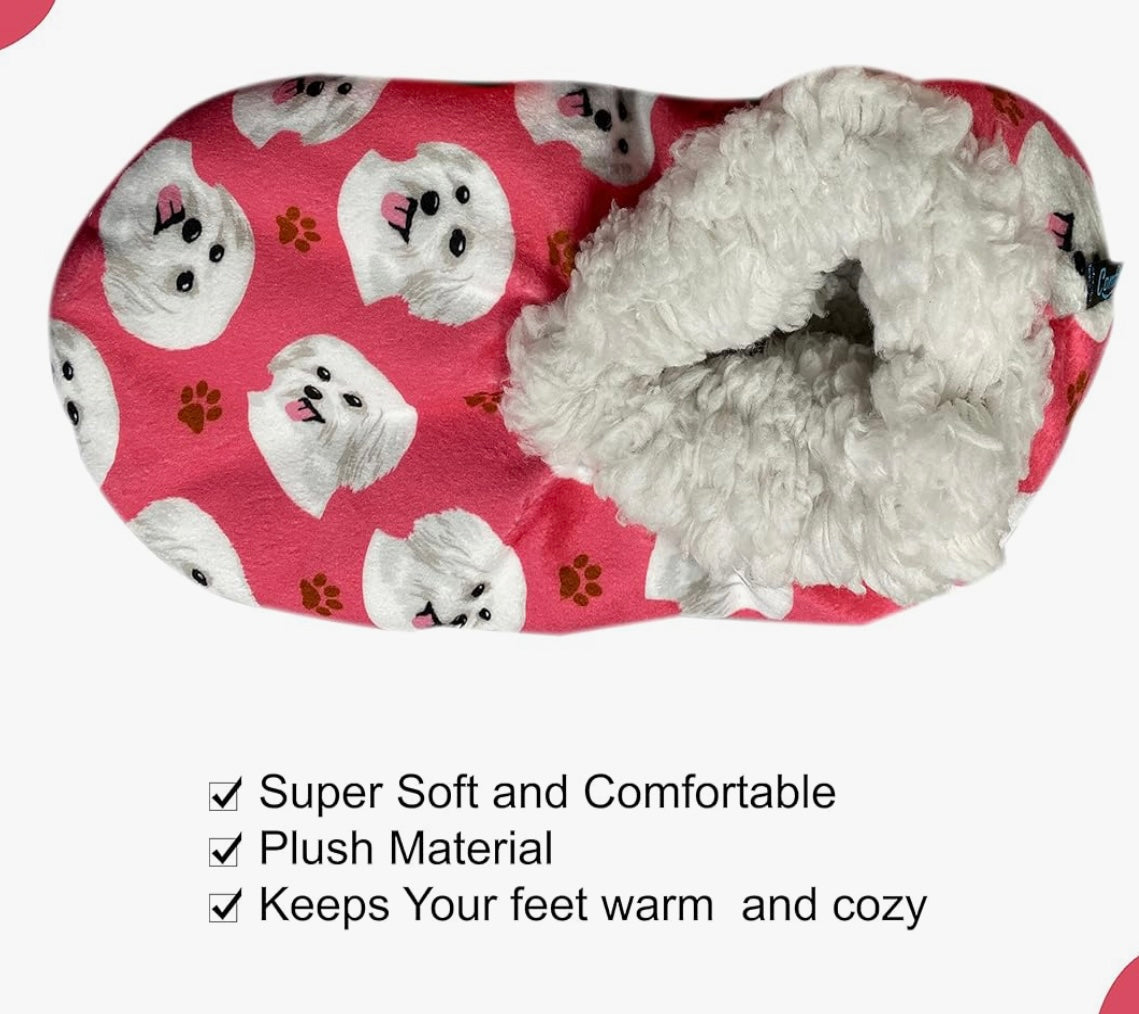 COMFIES BRAND Ladies MALTESE DOG NON-SKID SLIPPERS - Novelty Socks And Slippers
